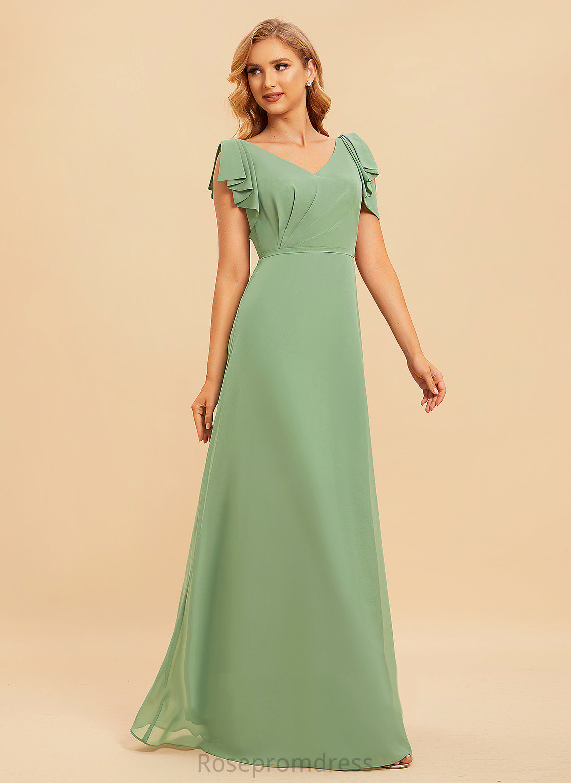 Length Floor-Length Ruffle Fabric A-Line Silhouette Neckline V-neck Embellishment Phoenix Sheath/Column Spaghetti Staps Bridesmaid Dresses