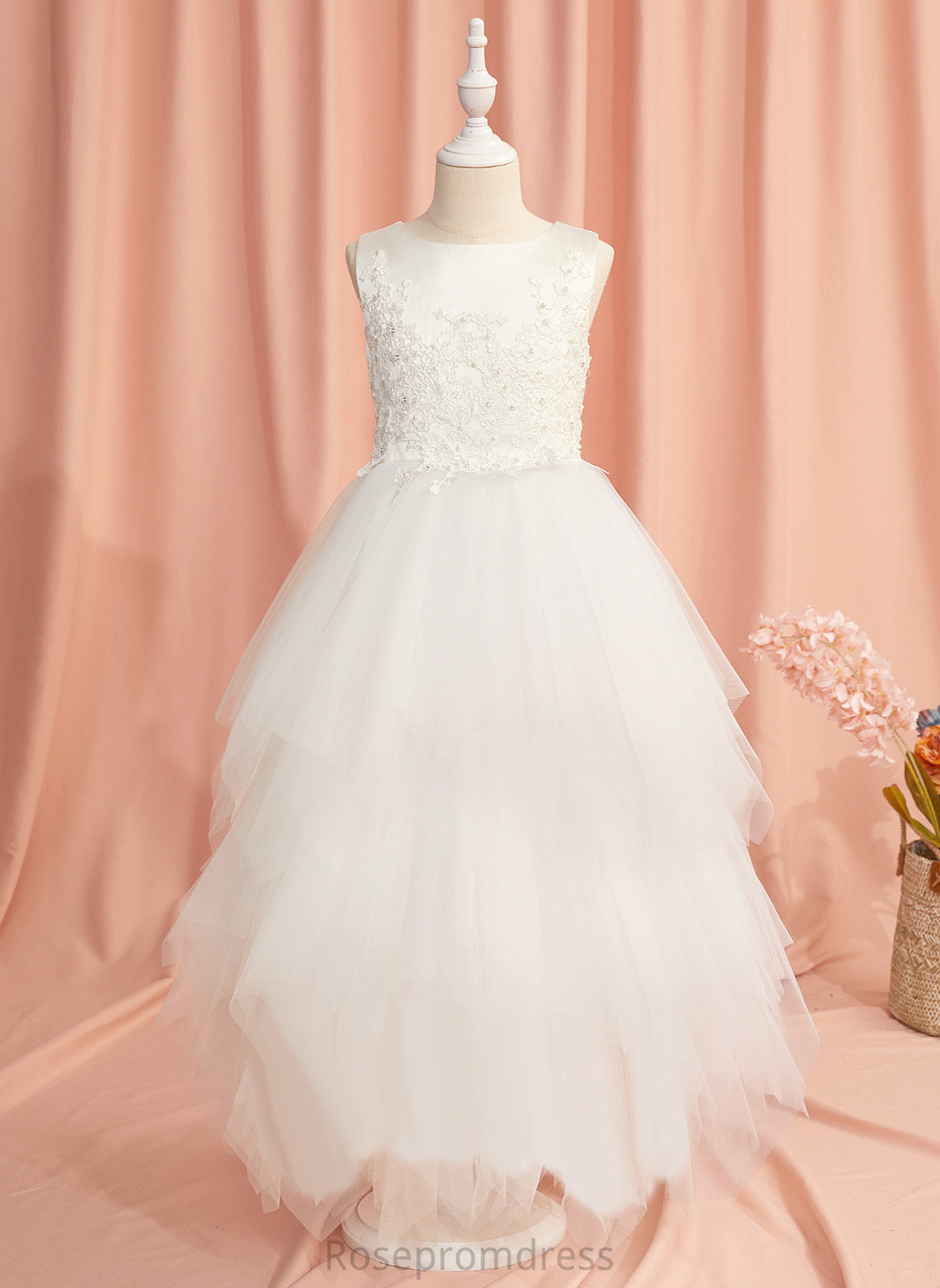 Flower Girl Dresses Scoop Lace/Beading Girl Neck Ball-Gown/Princess Satin/Tulle Flower Sleeveless Valeria With - Ankle-length Dress