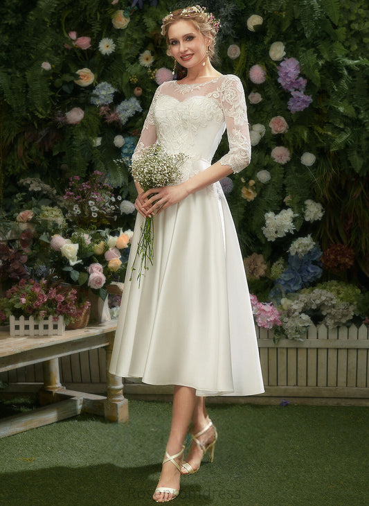 Jaqueline Lace Satin A-Line Wedding Illusion With Wedding Dresses Dress Tea-Length