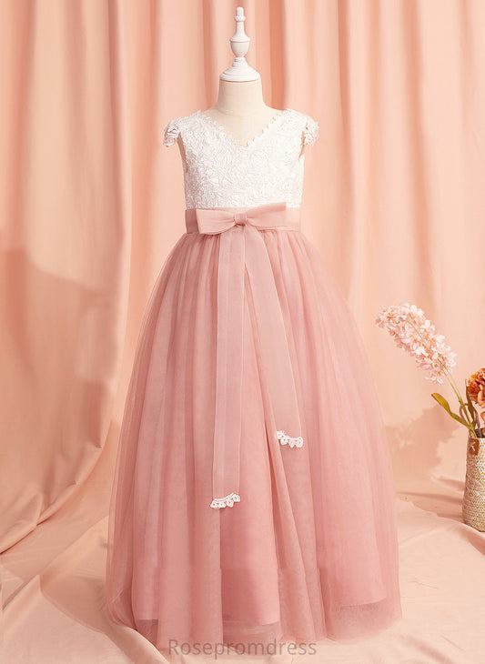 Fernanda Ball-Gown/Princess Dress Flower Girl Dresses Girl Flower Floor-length Sash/Bow(s)/V Sleeves Short With Back V-neck - Tulle