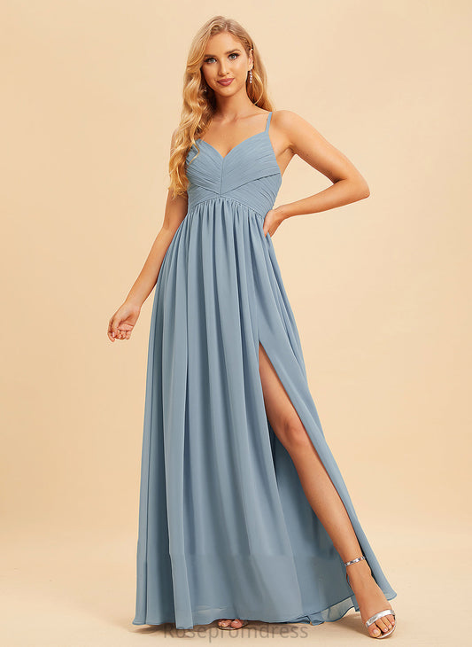 SplitFront Length Neckline Floor-Length Fabric A-Line Embellishment V-neck Silhouette Tamia Sweep-Brush Train Sleeveless Bridesmaid Dresses