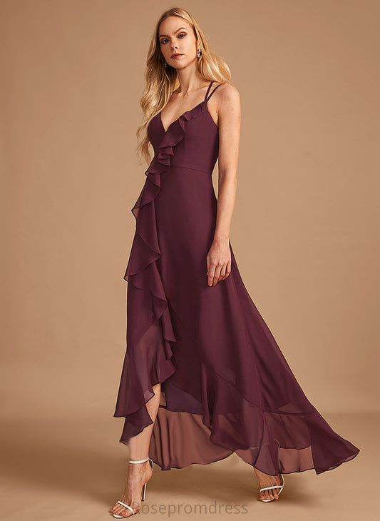 Silhouette V-neck Asymmetrical Embellishment Fabric SplitFront Neckline A-Line Length Ruffle Mandy Floor Length Bridesmaid Dresses