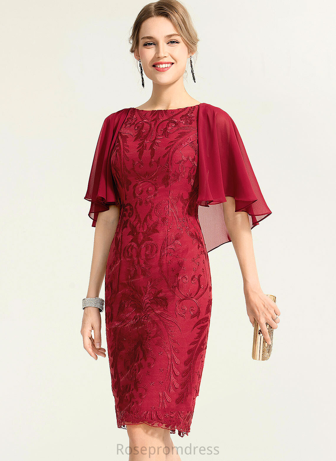 Averi Cocktail Chiffon Knee-Length Scoop Lace Sheath/Column Dress Neck Cocktail Dresses