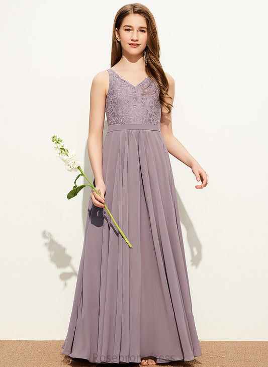 Brianna V-neck Junior Bridesmaid Dresses Floor-Length A-Line Chiffon Lace