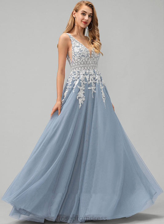 V-neck Floor-Length Kathleen Tulle Prom Dresses Ball-Gown/Princess