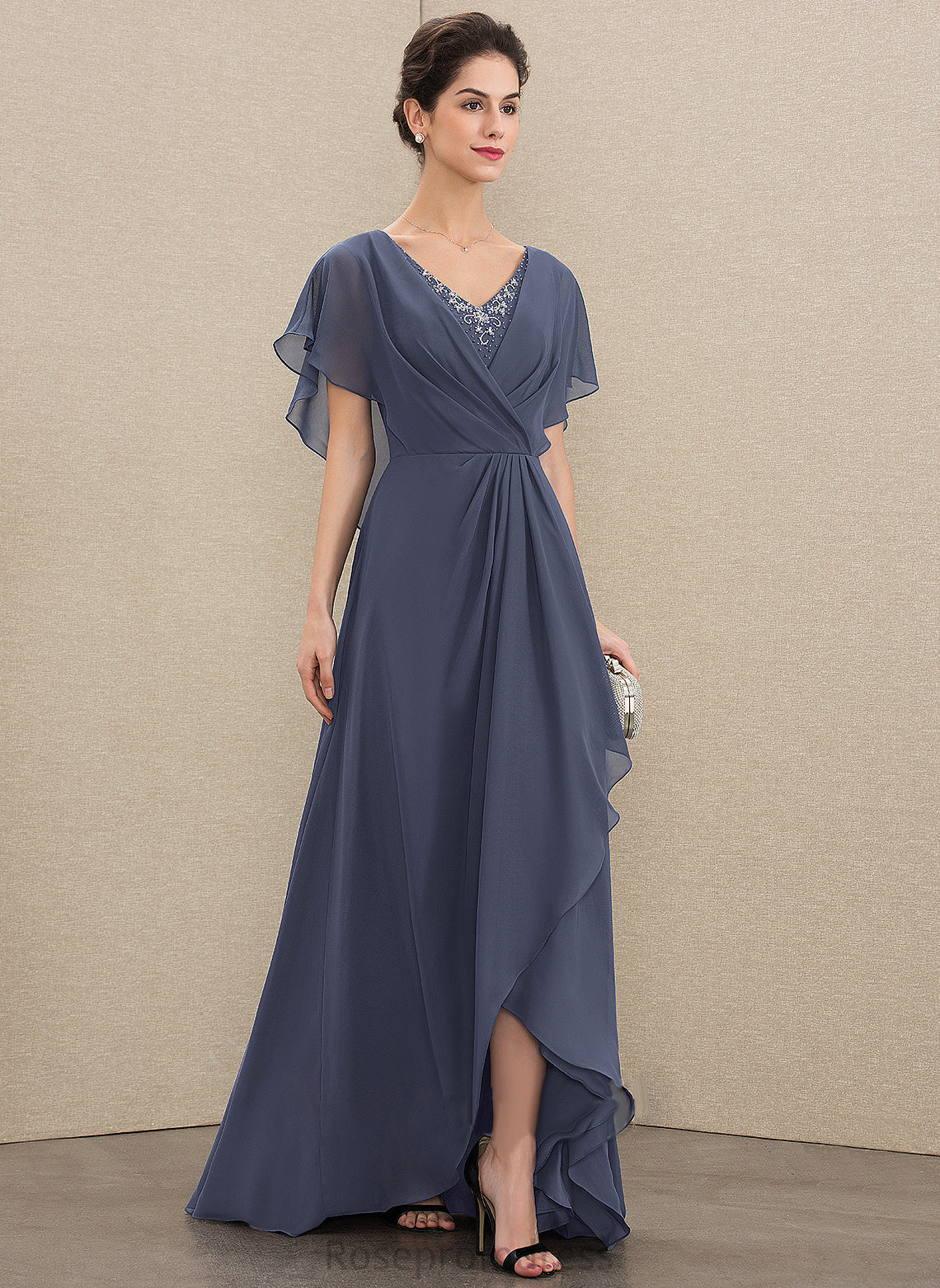 V-neck Bride Laura Chiffon With Sequins the Beading of Dress A-Line Mother of the Bride Dresses Mother Asymmetrical