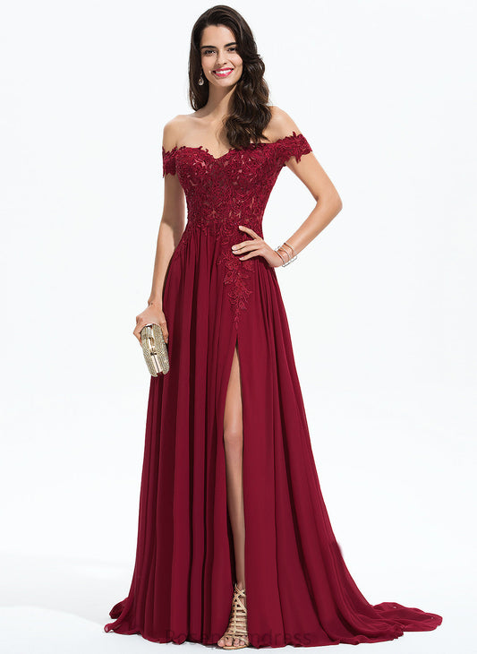 Annalise With Off-the-Shoulder Chiffon Train Lace A-Line Sequins Prom Dresses Sweep