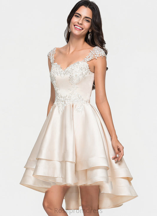 With Beading Homecoming Dresses Sweetheart A-Line Lace Cascading Ruffles Satin Asymmetrical Dress Homecoming Millicent