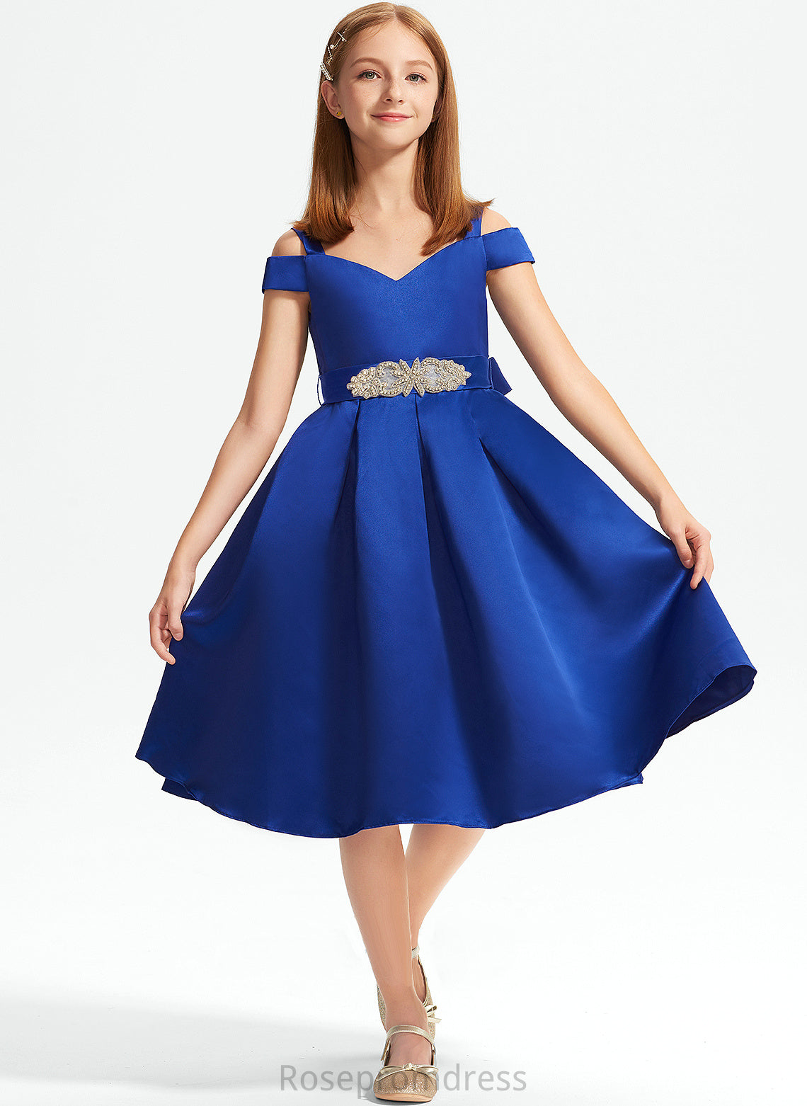 Beading Knee-Length A-Line Raven Satin Bow(s) Off-the-Shoulder With Junior Bridesmaid Dresses