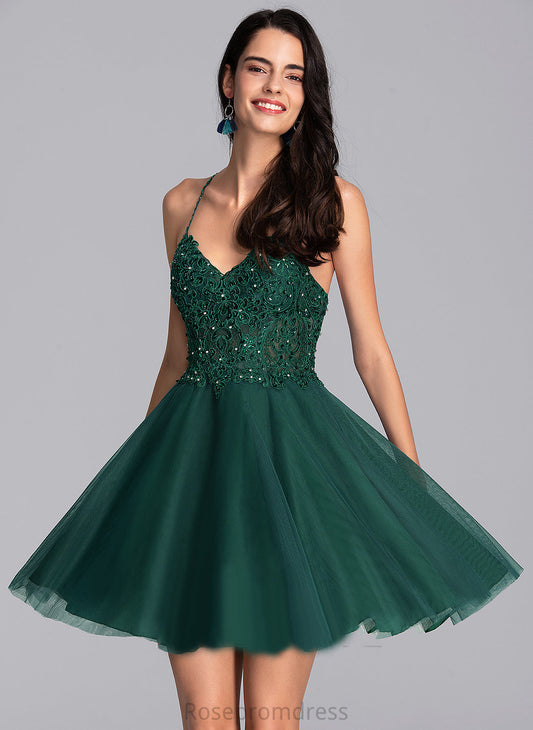 Homecoming Dresses Short/Mini Beading Tulle Homecoming Dress V-neck With Lola Sequins A-Line