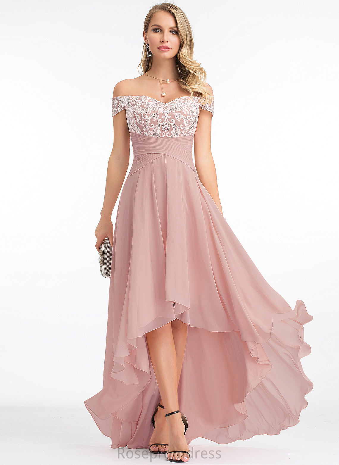 Asymmetrical Lace Prom Dresses Chiffon A-Line Pleated Lucy With Off-the-Shoulder