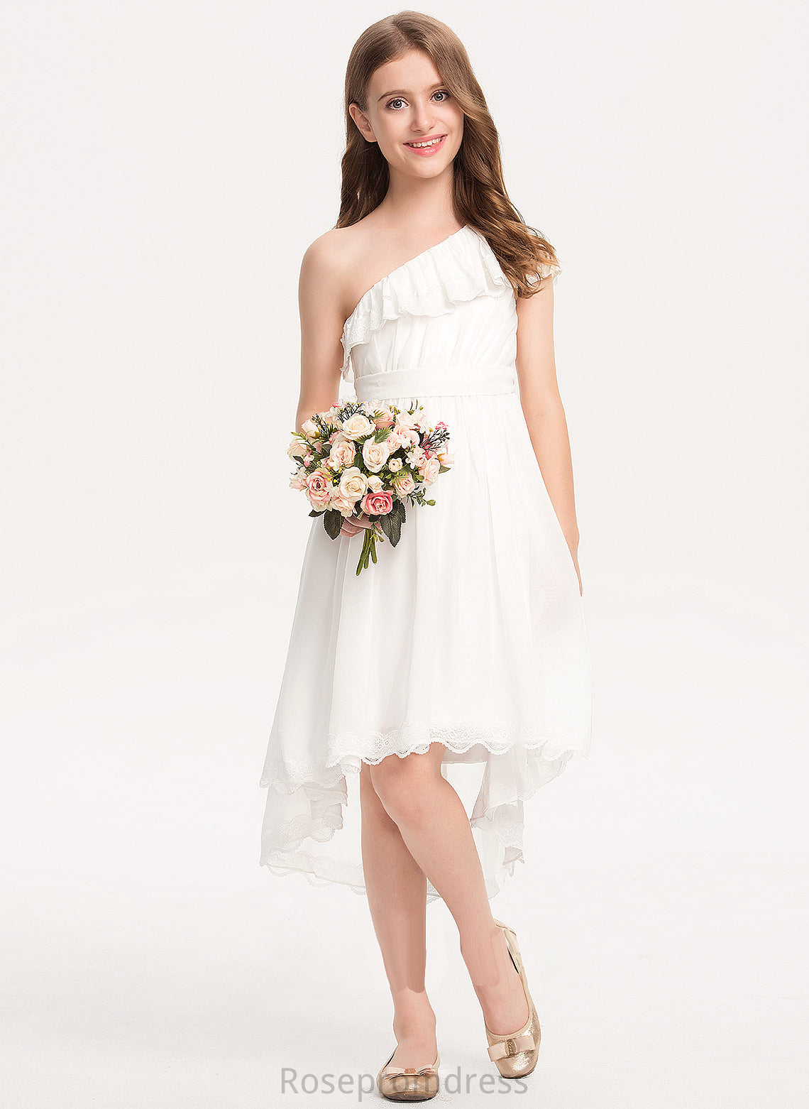 With Izabelle Chiffon A-Line Lace Bow(s) Asymmetrical Junior Bridesmaid Dresses One-Shoulder