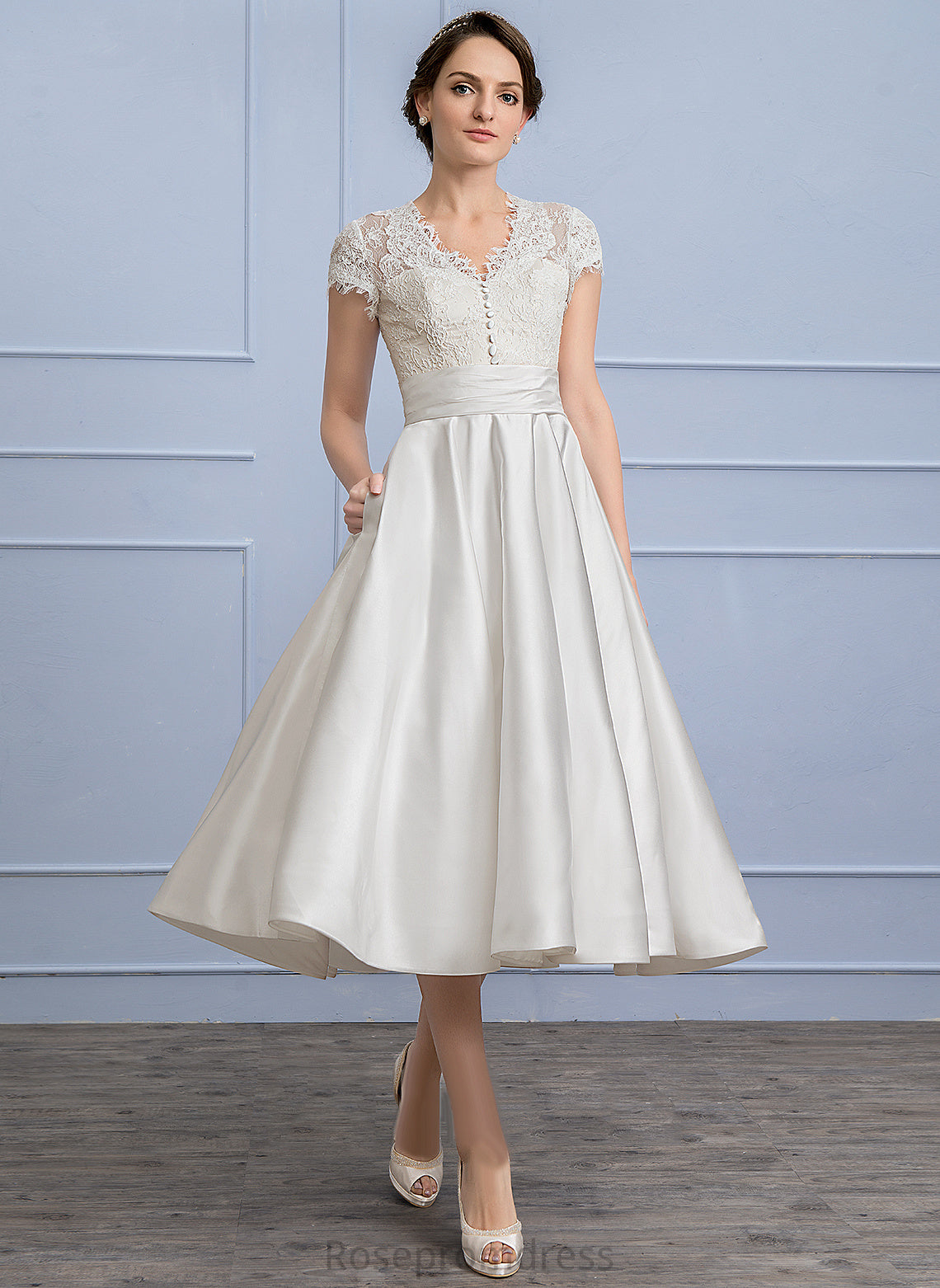 A-Line Lace Satin Ruffle Dress Tea-Length Wedding With Evangeline Wedding Dresses Pockets V-neck