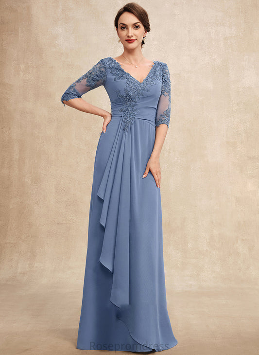 the Cascading Dress of Chiffon V-neck With Bride A-Line Mother of the Bride Dresses Ruffles Floor-Length Mother Phoebe Lace