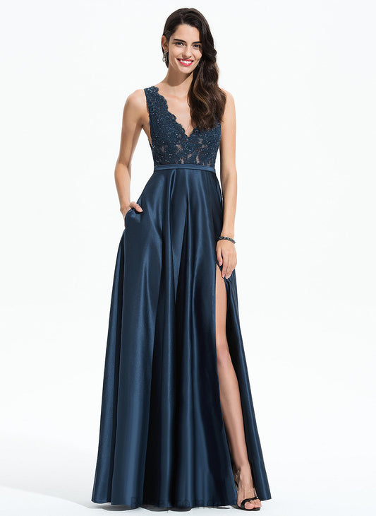 With V-neck Prom Dresses A-Line Sequins Satin Chaya Floor-Length