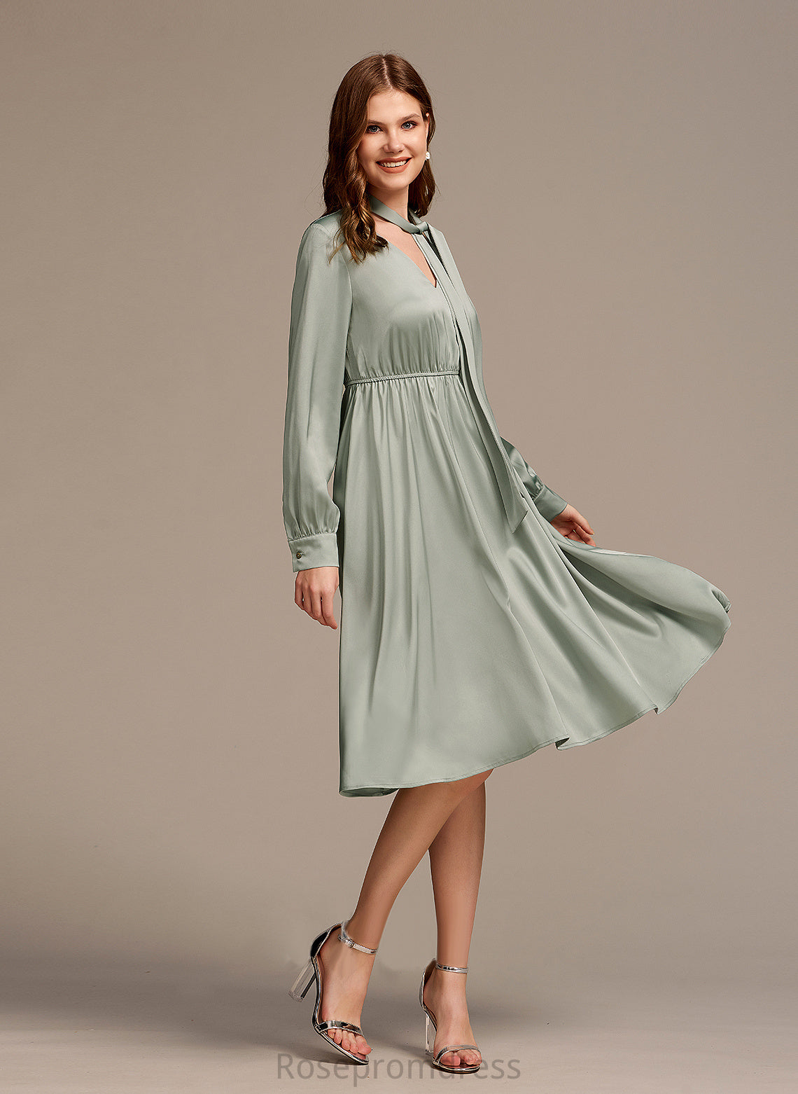 Sleeves Elegant V-Neck Dresses Long Club Dresses A-line Sahna Satin Bow(s) Midi