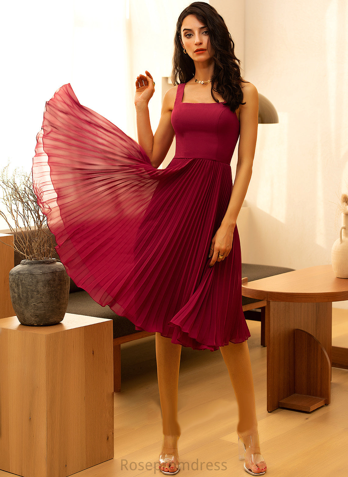 Homecoming Dresses Neckline A-Line Knee-Length Pleated Chiffon Janiya Dress With Homecoming Square