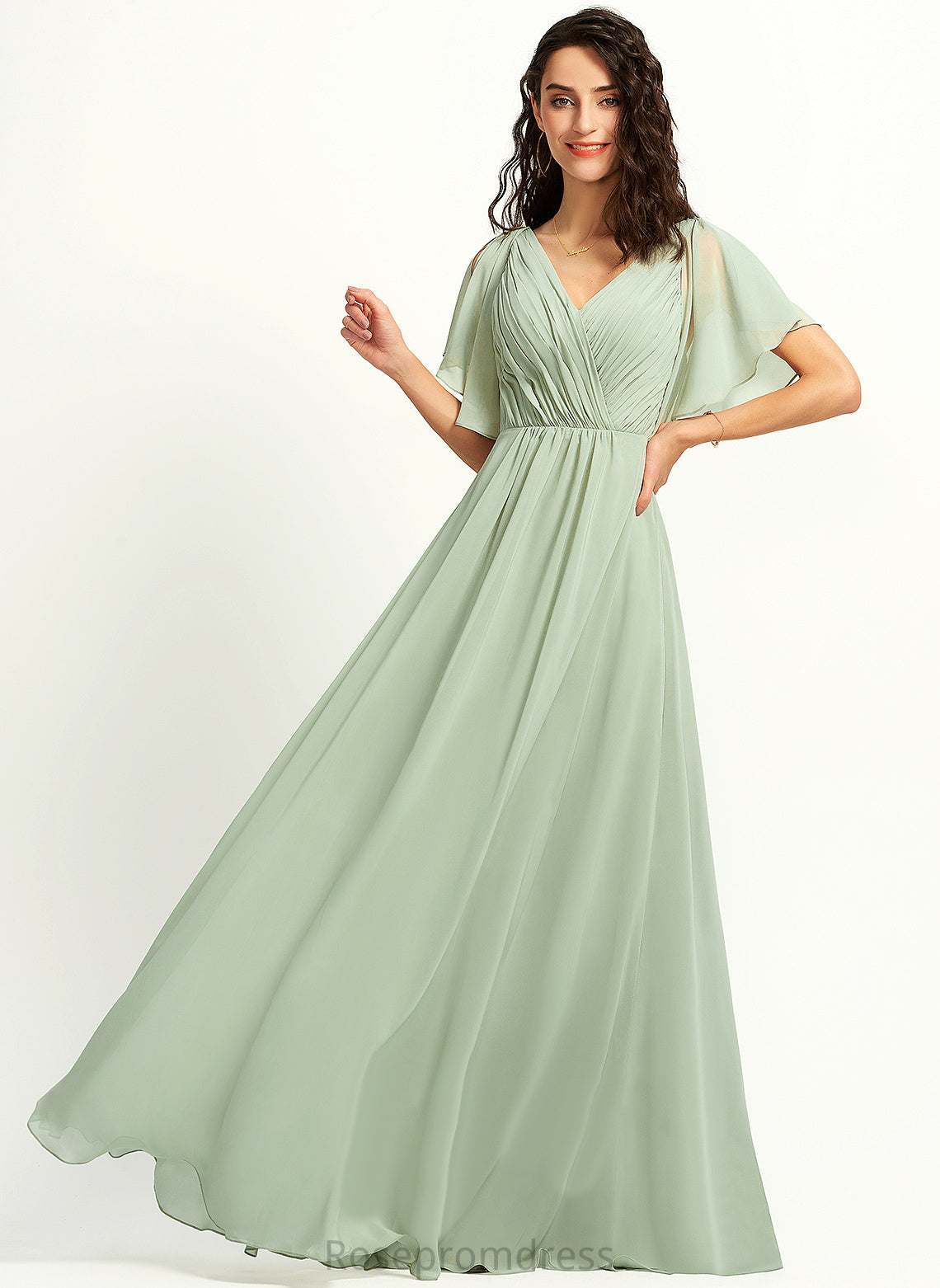 A-Line Ruffle Embellishment Silhouette Fabric Neckline Floor-Length V-neck Length Jade Bridesmaid Dresses