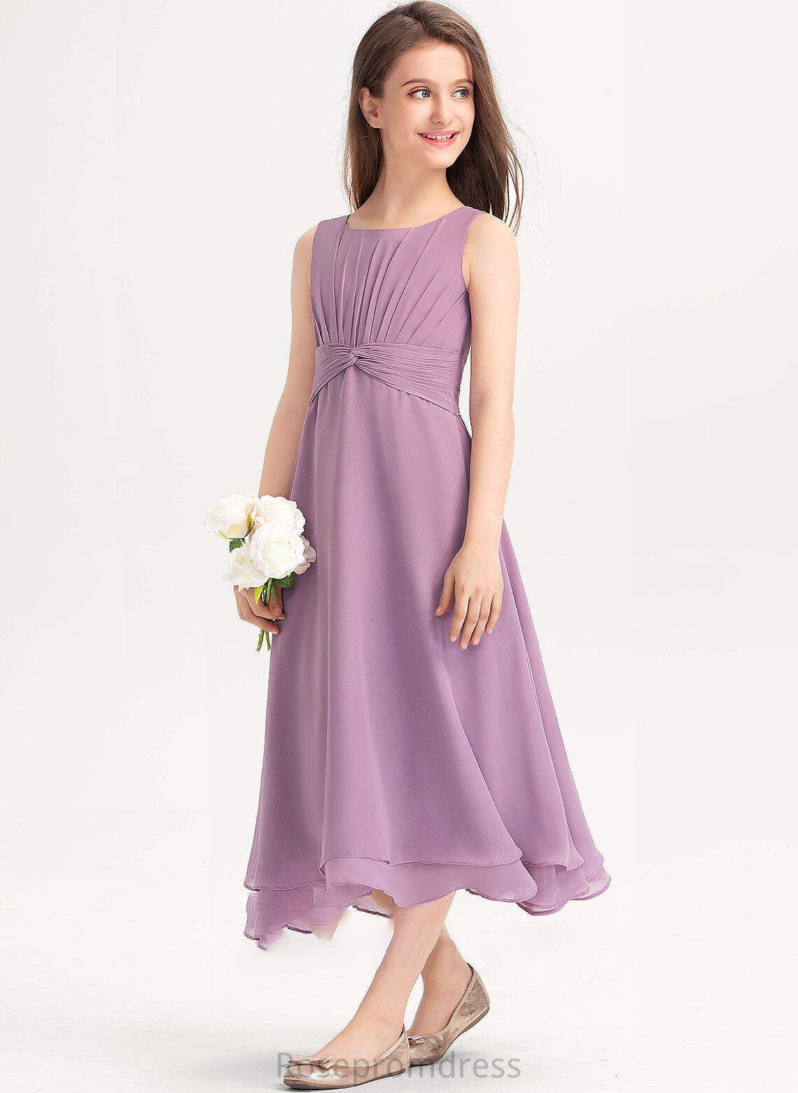 Ruffle Scoop Neck Chiffon Junior Bridesmaid Dresses Tea-Length Aryanna With A-Line