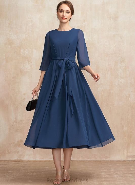 A-Line Cocktail Dresses Neck With Madge Cocktail Bow(s) Tea-Length Dress Chiffon Ruffle Scoop