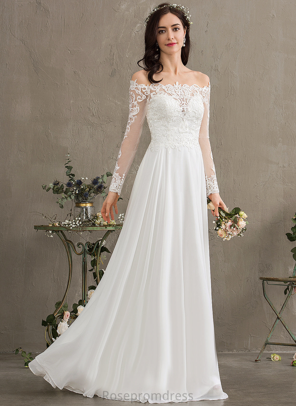 Floor-Length Chiffon Wedding Dress Lace A-Line Wedding Dresses Hedwig Off-the-Shoulder