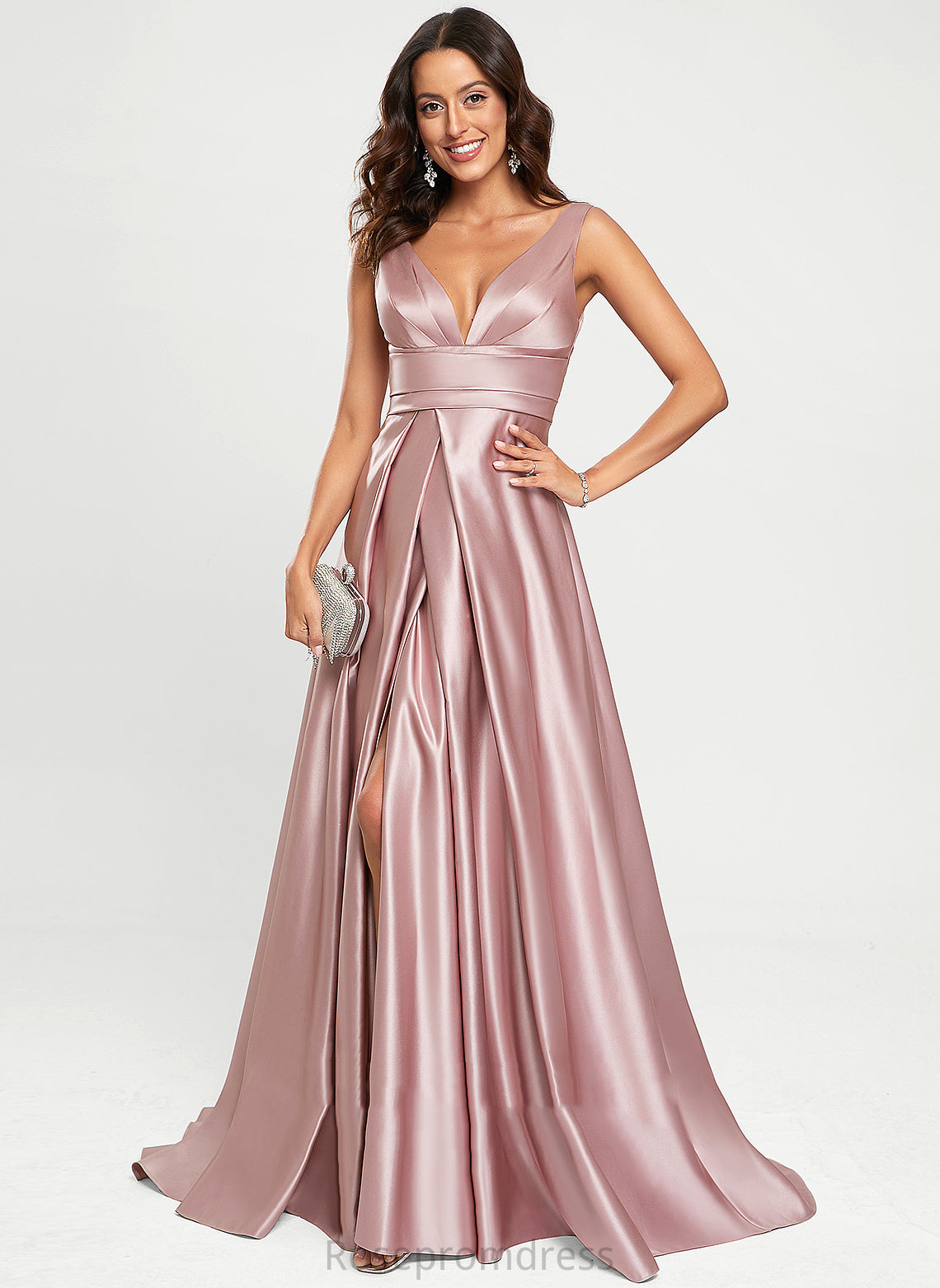 Sweep Prom Dresses Train V-neck A-Line Addisyn Satin