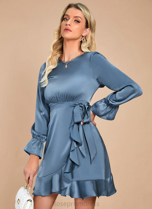 Lola Sleeves Long Round Elegant Neck A-line Mini Satin Dresses Club Dresses