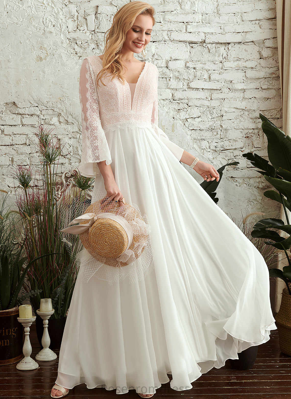 Floor-Length Wedding Lace Dress A-Line Lucile V-neck Chiffon Wedding Dresses