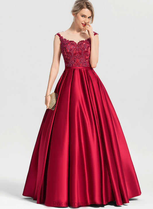 Ball-Gown/Princess Mareli With Scoop Satin Floor-Length Lace Sequins Prom Dresses