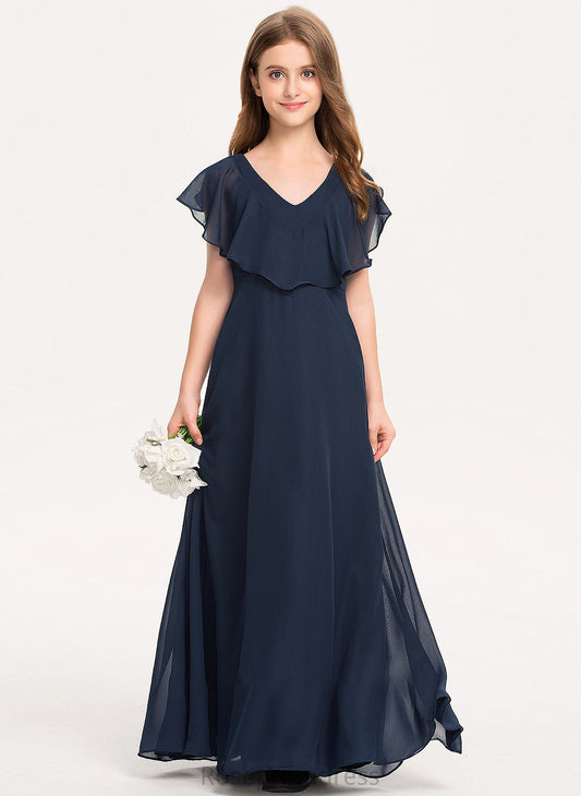 Chiffon V-neck Floor-Length Viv Junior Bridesmaid Dresses A-Line