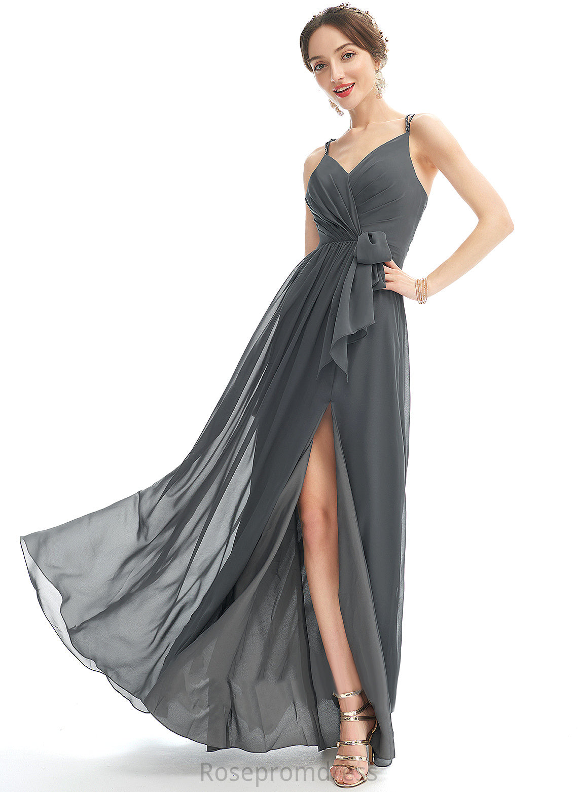 Ruffle Fabric Neckline Length SplitFront Embellishment Silhouette A-Line Floor-Length V-neck Beading Amina Bridesmaid Dresses