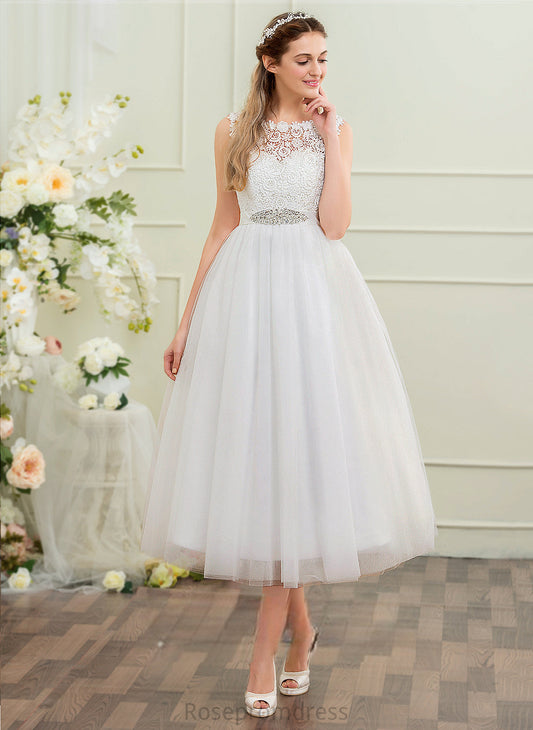 Tea-Length Scoop Wedding Dresses With Ball-Gown/Princess Neck Sequins Dress Lace Beading Satin Avery Tulle Wedding