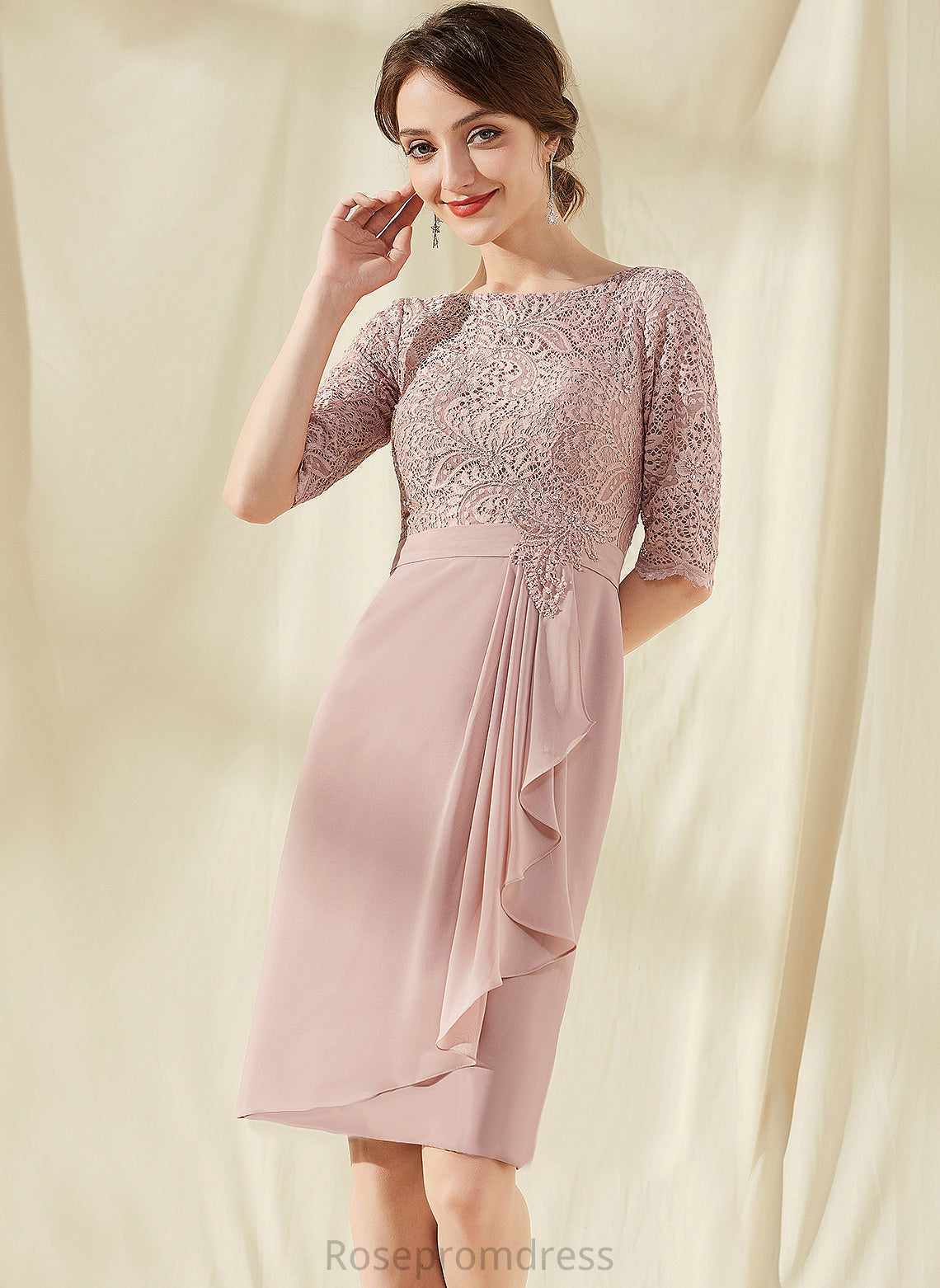 Knee-Length Ruffles Cascading With Neck Chiffon Cocktail Dresses Sheath/Column Scoop Lace Cocktail Abigayle Dress Beading