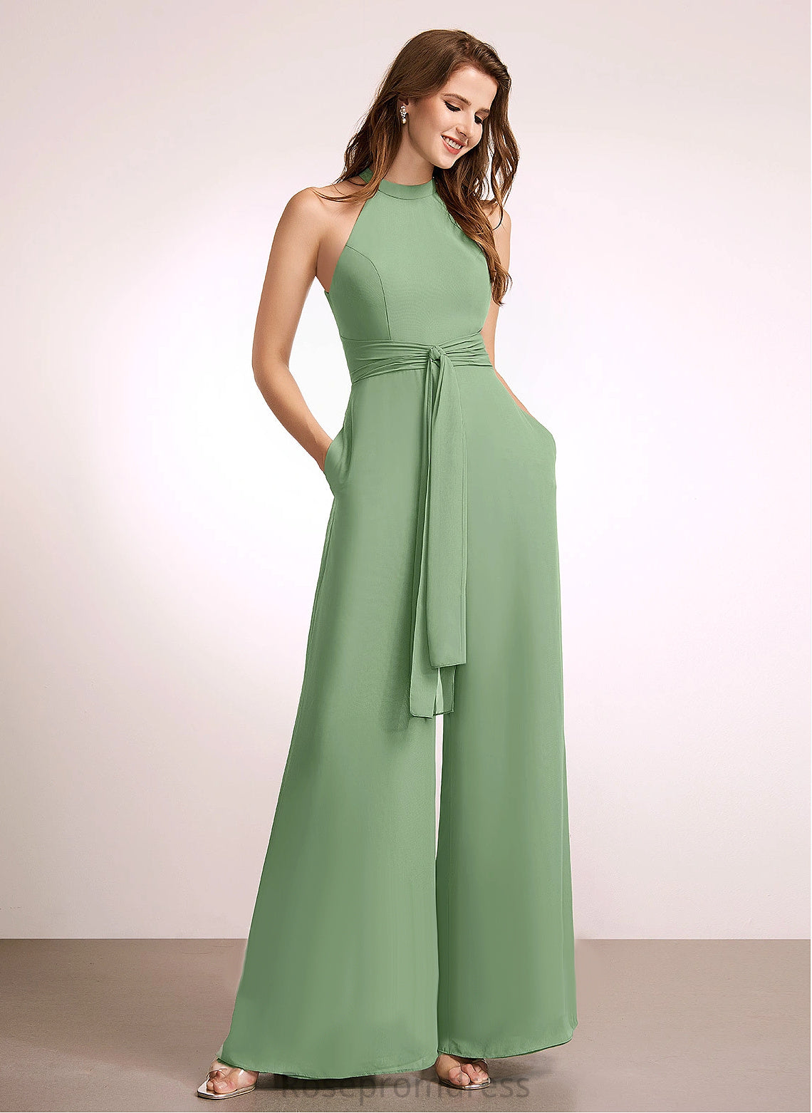 Bow Floor-Length Fabric Neckline HighNeck Straps&Sleeves Embellishment Length Ida Bridesmaid Dresses