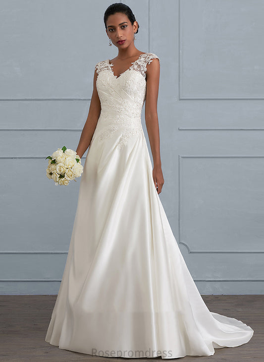 Train Dress With Satin Sweep Lace V-neck Kiera Wedding Dresses Sequins Wedding Ball-Gown/Princess Ruffle Beading