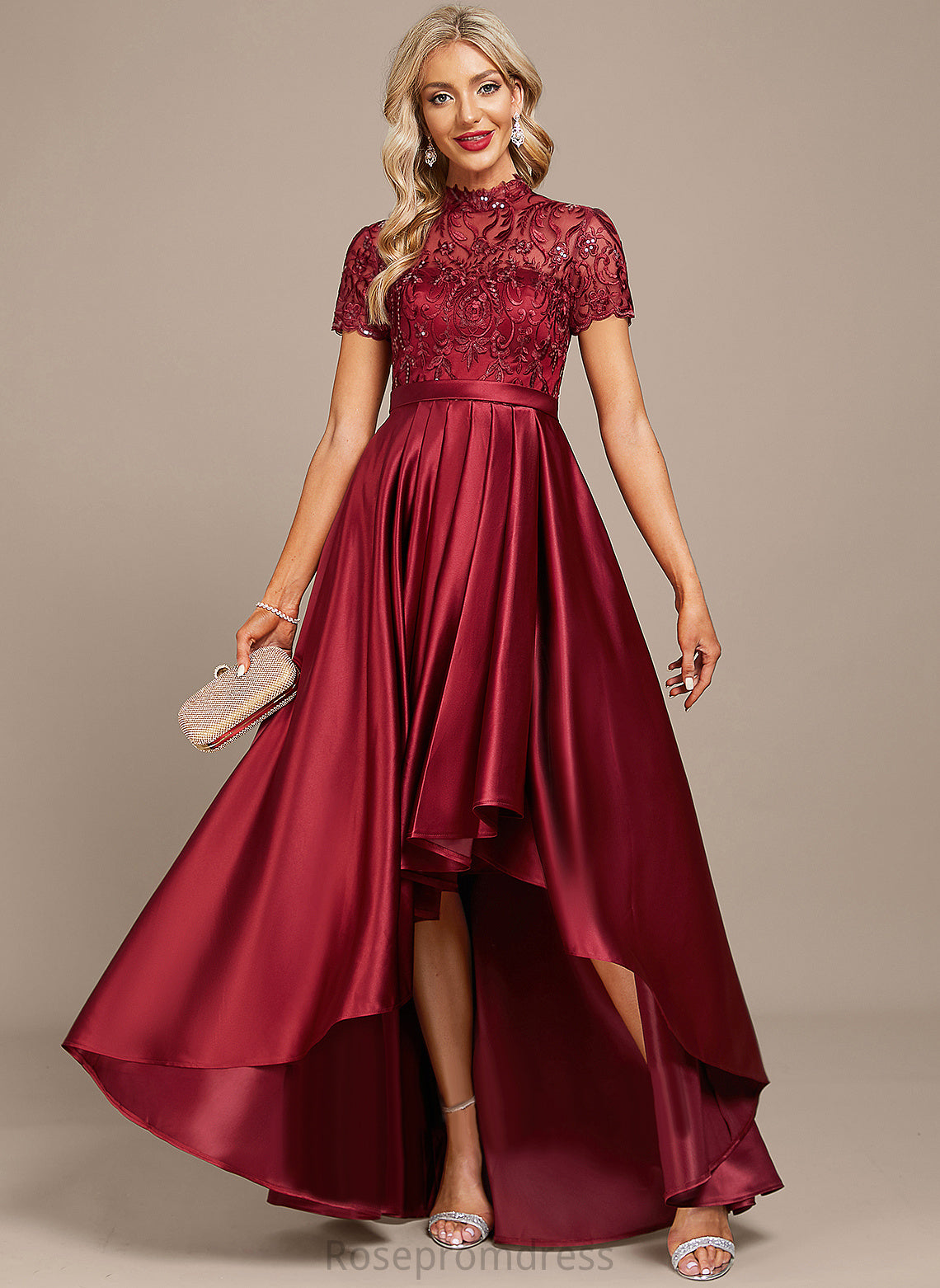 Dress Ruffle Asymmetrical High With Neck Lace A-Line Glenda Sequins Satin Cocktail Cocktail Dresses