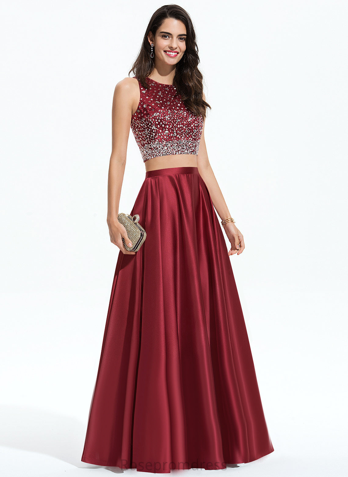 Scoop A-Line Sequins Beading Floor-Length Amara With Prom Dresses Satin