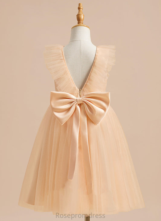 With Dress Flower Bow(s) A-Line Girl - Jackie Flower Girl Dresses Scoop Tulle Sleeveless Knee-length Neck