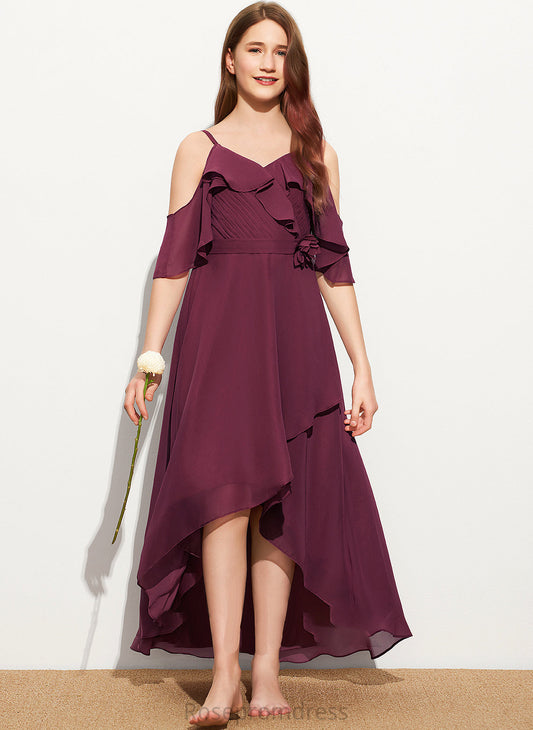 Off-the-Shoulder With Zoie Ruffles Chiffon Cascading Asymmetrical A-Line Junior Bridesmaid Dresses