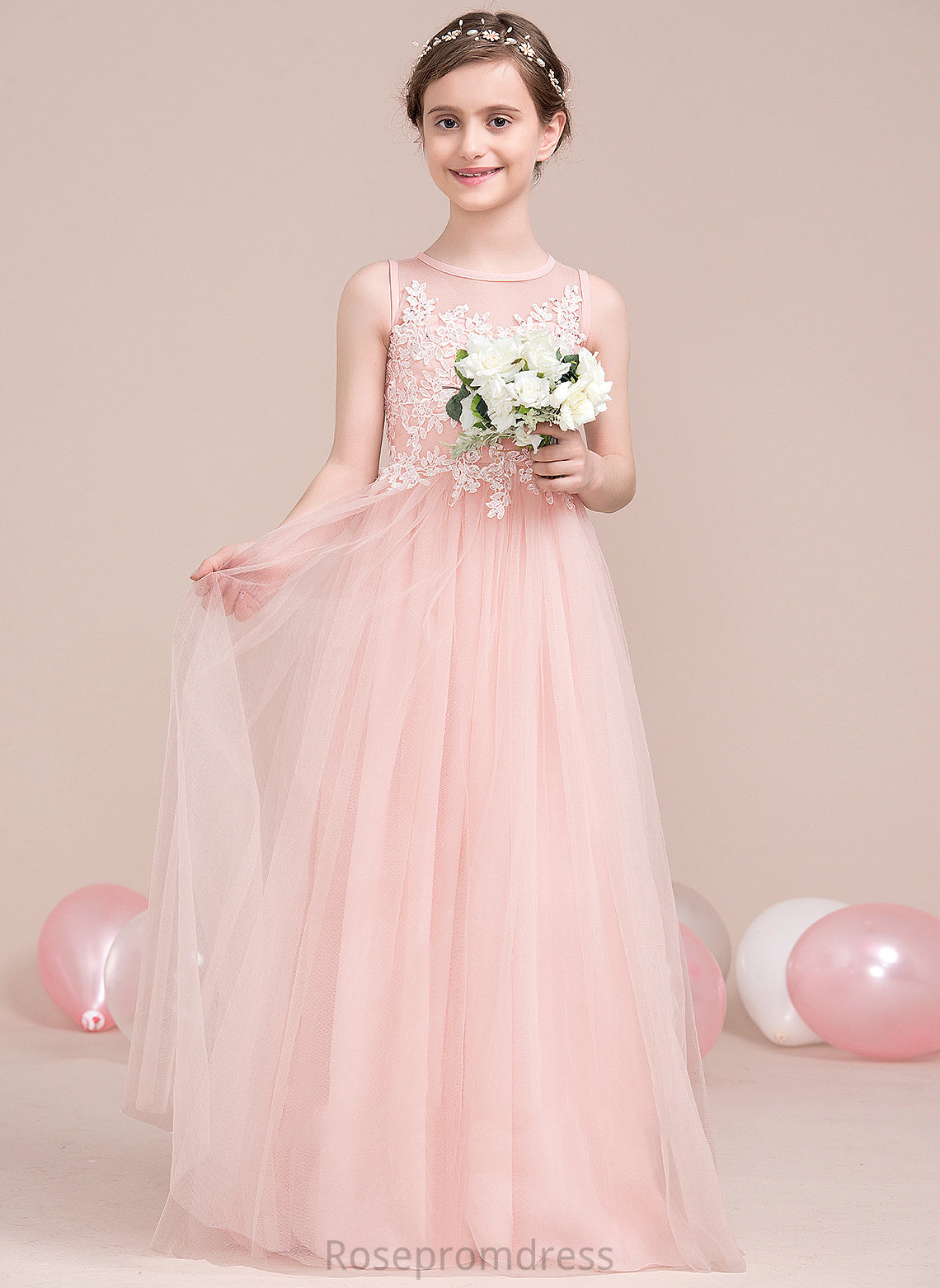 Junior Bridesmaid Dresses Norah Neck A-Line With Scoop Tulle Floor-Length Beading Sequins