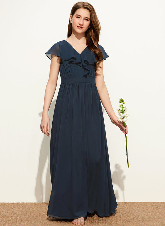 Chloe Junior Bridesmaid Dresses Cascading Floor-Length Bow(s) Ruffles A-Line With V-neck Chiffon