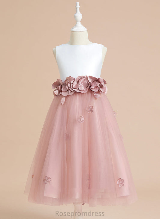 Flower(s)/Bow(s) Dress A-Line Scoop Flower Girl Dresses Tea-length Livia Neck With Sleeveless Satin/Tulle Girl - Flower