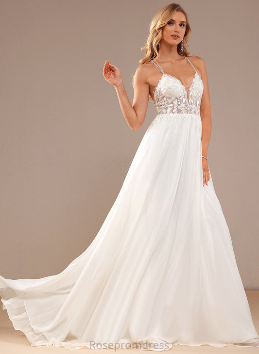 A-Line Sweep Lace With Sequins Wedding V-neck Dress Chiffon Wedding Dresses Beading Train Dixie