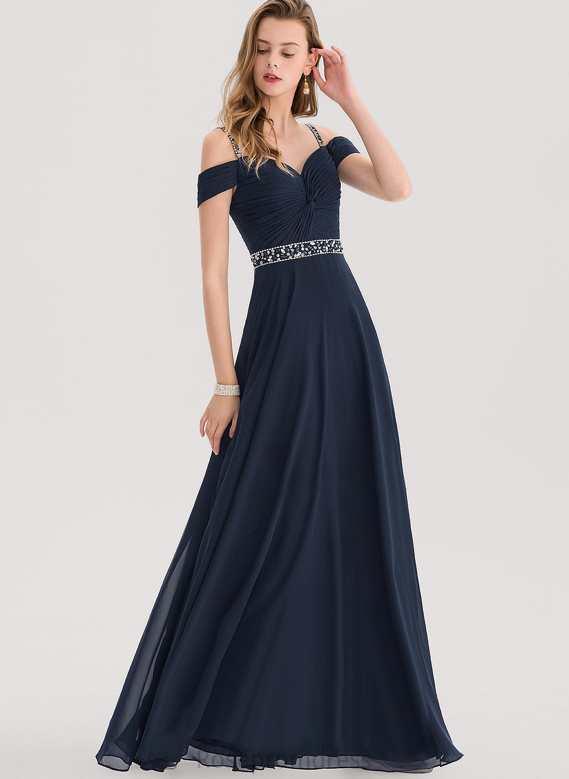 Shoulder V-neck Chiffon London Floor-Length Prom Dresses With A-Line Beading Cold Pleated Sequins