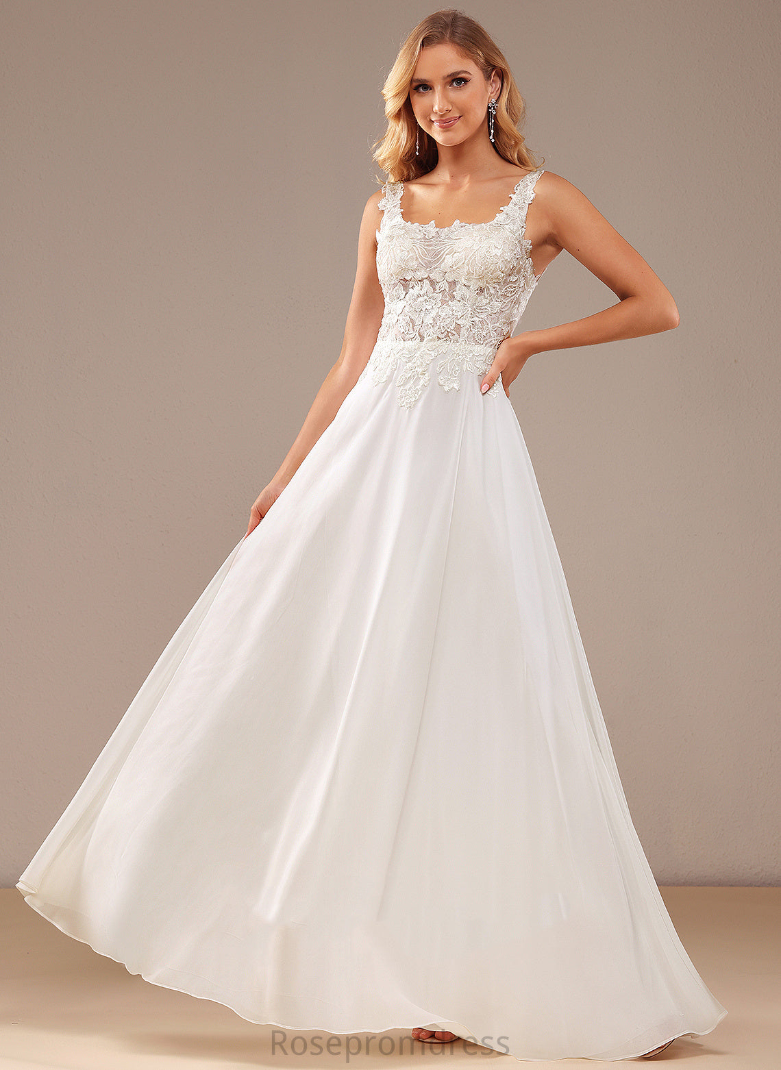 Wedding Lorelai Wedding Dresses Sequins Lace Dress Lace Chiffon Neckline A-Line Floor-Length Square With