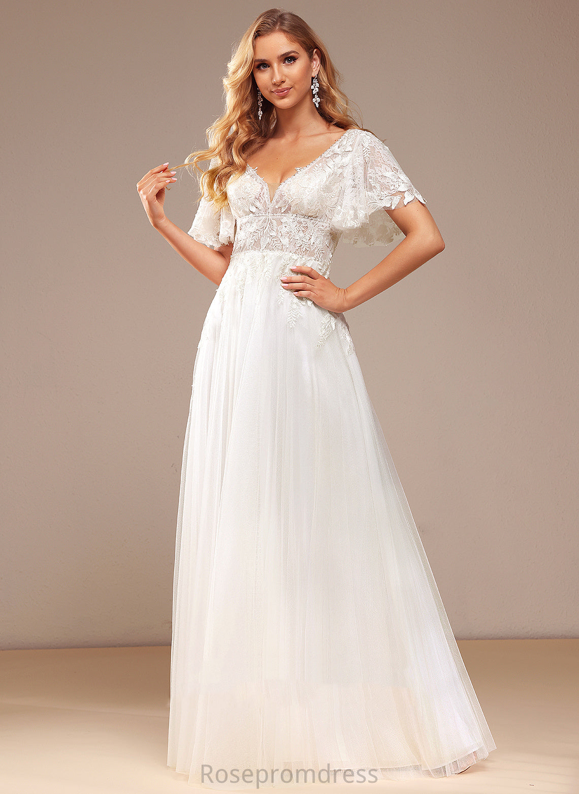 Tulle Wedding Averie With Lace Dress A-Line Sequins V-neck Lace Beading Floor-Length Wedding Dresses