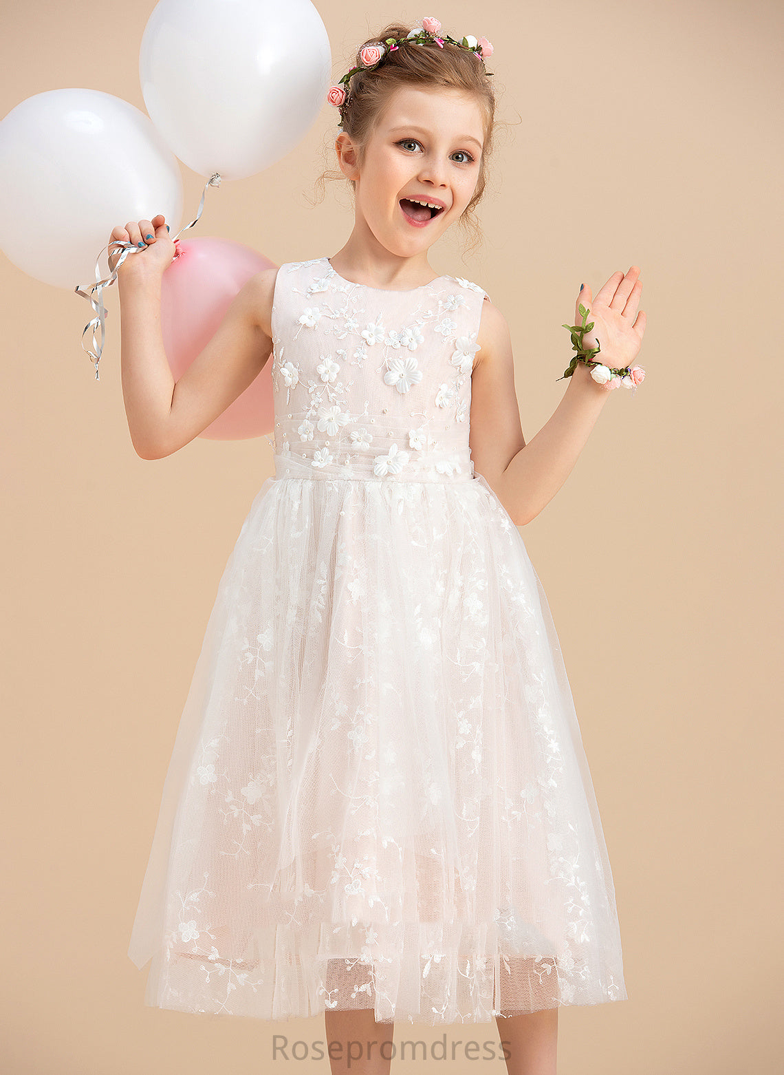 Tea-length A-Line - Girl With Neck Beading/Flower(s) Dress Sleeveless Tulle/Lace Flower Girl Dresses Alannah Scoop Flower