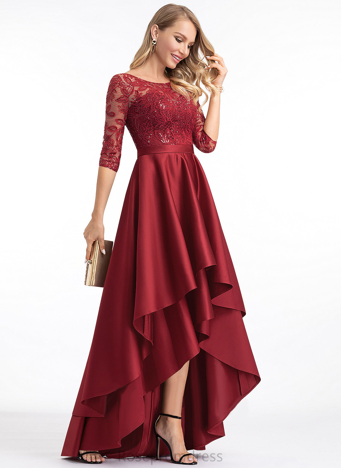 With Prom Dresses Illusion Satin Lace Sequins Scarlet Scoop A-Line Asymmetrical