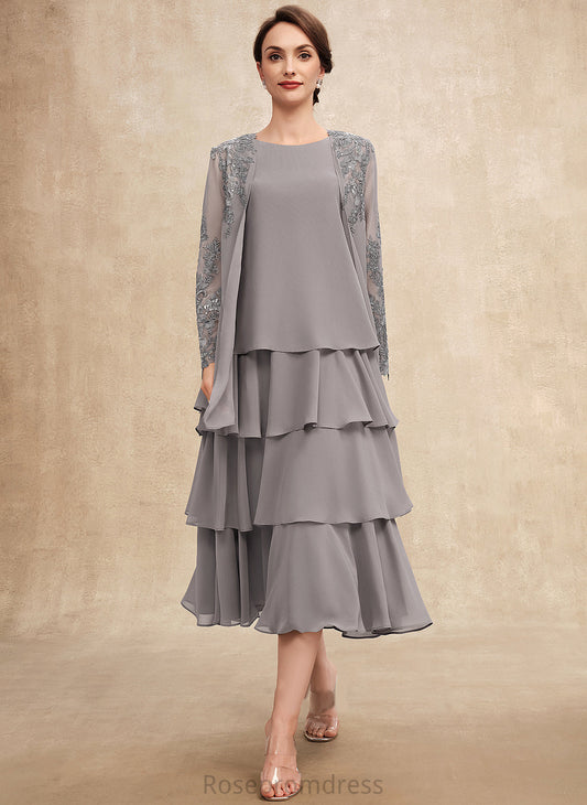 Neck Tea-Length Yaritza With Chiffon Scoop Dress Mother of the Bride Dresses Cascading the Bride Mother Ruffles A-Line of