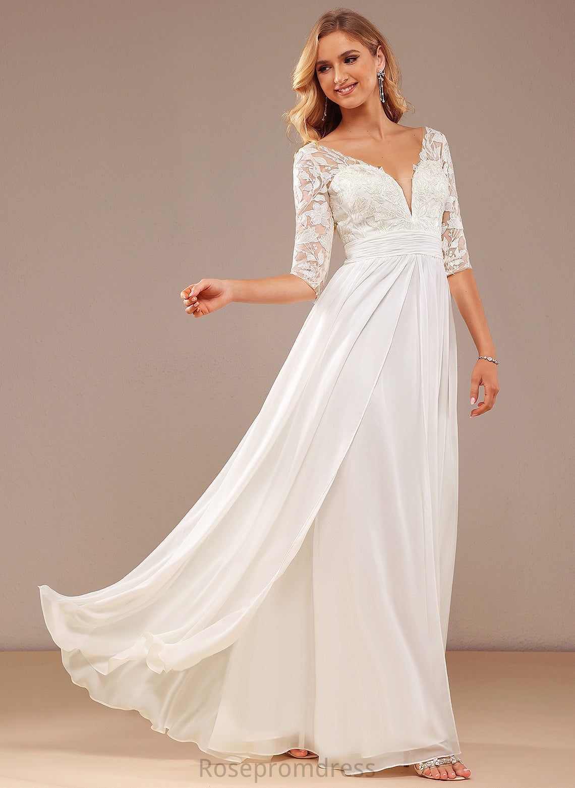 Dress Chiffon Floor-Length V-neck Hilda Wedding Dresses Ruffle A-Line With Sequins Lace Wedding